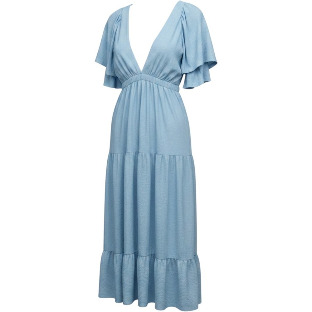 Free People Beach Blue Textured V-Neck Tiered Maxi Dress OB1284534 Womens Medium